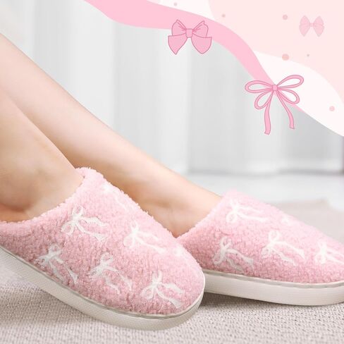 Pink Bow Slippers for Women Cute Coquette Bow Slippers Plush Fluffy Warm Fur Lined House Winter Home Shoes Women Indoor Outdoor in Saudi Arabia