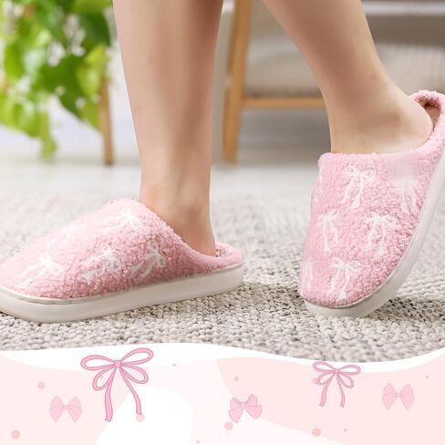 Pink Bow Slippers for Women Cute Coquette Bow Slippers Plush Fluffy Warm Fur Lined House Winter Home Shoes Women Indoor Outdoor in Saudi Arabia