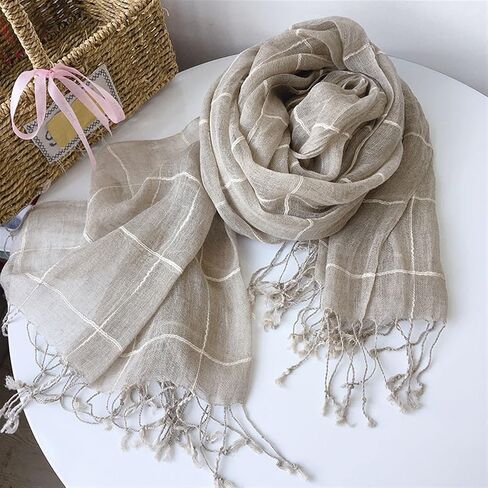 Unisex Japanese Retro Plaid Pure Linen Infinity Scarf Long Fringed Four Seasons Silk Scarf Shawl for Women & Men (Color : Style 1, Size : 75x210cm) in Kuwait