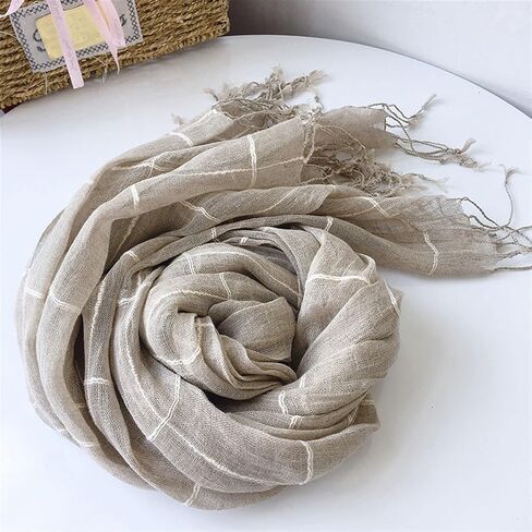 Unisex Japanese Retro Plaid Pure Linen Infinity Scarf Long Fringed Four Seasons Silk Scarf Shawl for Women & Men (Color : Style 1, Size : 75x210cm) in Kuwait