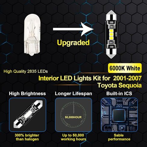EASY EAGLE Interior Car Lights for Toyota-Sequoia-2001-2007: 18 Piece Kit White Light Bulbs - Super Bright 6000K + Install Tool in Kuwait
