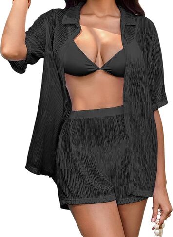 Milumia Women's 2 Piece Cover Ups Set Short Sleeve Open Front Hollow Out Swimsuit Coverup with Shorts in Saudi Arabia