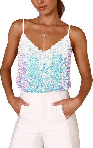 Sequin V-Neck Tank Tops Summer Sparkle Glitter Casual Sexy Backless Beach Vacation Club Camisole Top for Women in Saudi Arabia