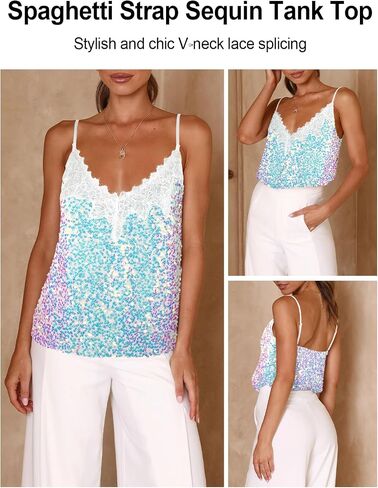 Sequin V-Neck Tank Tops Summer Sparkle Glitter Casual Sexy Backless Beach Vacation Club Camisole Top for Women in Saudi Arabia