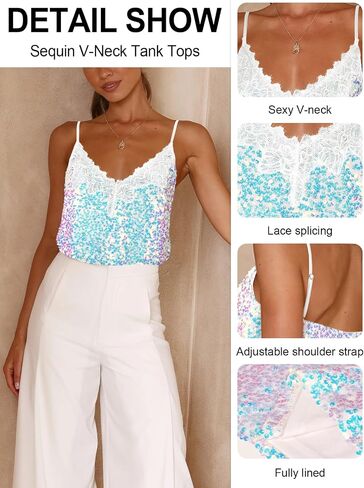 Sequin V-Neck Tank Tops Summer Sparkle Glitter Casual Sexy Backless Beach Vacation Club Camisole Top for Women in Saudi Arabia