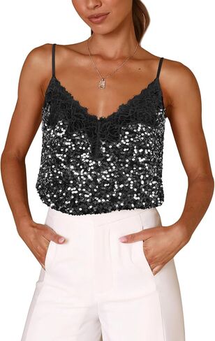 Sequin V-Neck Tank Tops Summer Sparkle Glitter Casual Sexy Backless Beach Vacation Club Camisole Top for Women in Saudi Arabia