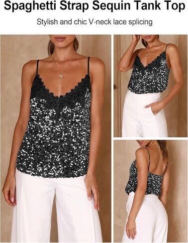 Sequin V-Neck Tank Tops Summer Sparkle Glitter Casual Sexy Backless Beach Vacation Club Camisole Top for Women in Saudi Arabia