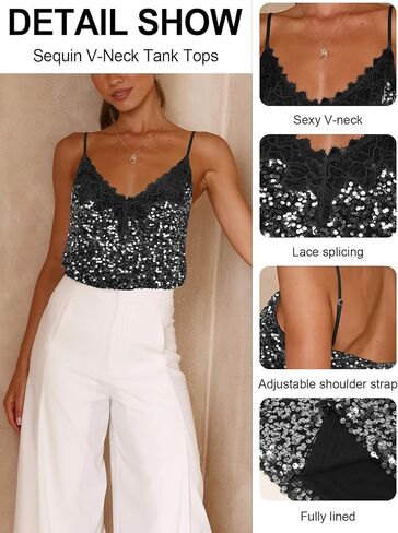 Sequin V-Neck Tank Tops Summer Sparkle Glitter Casual Sexy Backless Beach Vacation Club Camisole Top for Women in Saudi Arabia