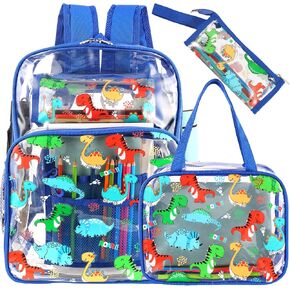 Kolewo4ever 3 Pieces Clear School Backpack Set Back to School Gift Blue Dinosaur Transparent Backpack with Lunch Bag and Pencil Pouch for Girl Boy Kid Heavy Duty Bookbags Middle School Travel Pack in Kuwait