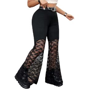 Verdusa Women's Plus Size Floral Lace Sheer Bell Bottom Pants Rave High Rise Long Flare Pants in Saudi Arabia