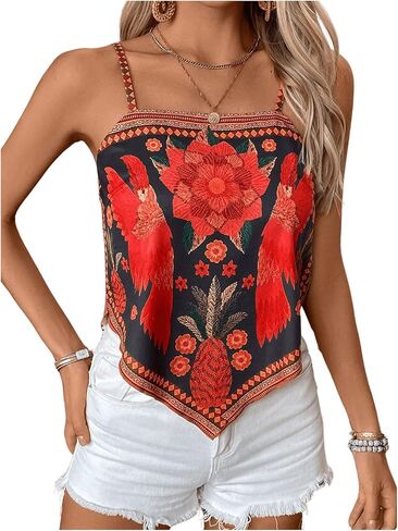 Milumia Women's Boho Floral Hanky Hem Cami Top Vintage Spaghetti Strap Bandana Tops in Saudi Arabia