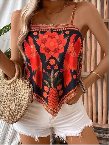 Milumia Women's Boho Floral Hanky Hem Cami Top Vintage Spaghetti Strap Bandana Tops in Saudi Arabia