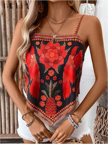 Milumia Women's Boho Floral Hanky Hem Cami Top Vintage Spaghetti Strap Bandana Tops in Saudi Arabia
