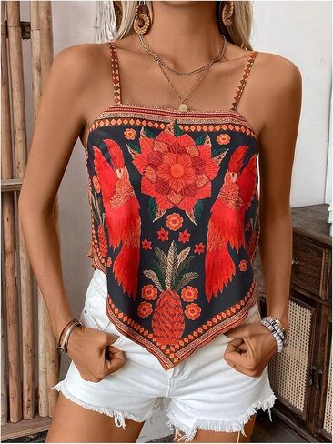 Milumia Women's Boho Floral Hanky Hem Cami Top Vintage Spaghetti Strap Bandana Tops in Saudi Arabia