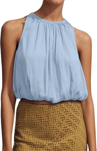 Ythomm Women’s Halter Crop Bubble Tops Summer Sleeveless Crewneck Puffy Hem Cropped Tank Tops Fitted Cute Going Out Shirt Top in Saudi Arabia