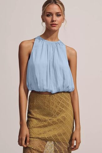 Ythomm Women’s Halter Crop Bubble Tops Summer Sleeveless Crewneck Puffy Hem Cropped Tank Tops Fitted Cute Going Out Shirt Top in Saudi Arabia