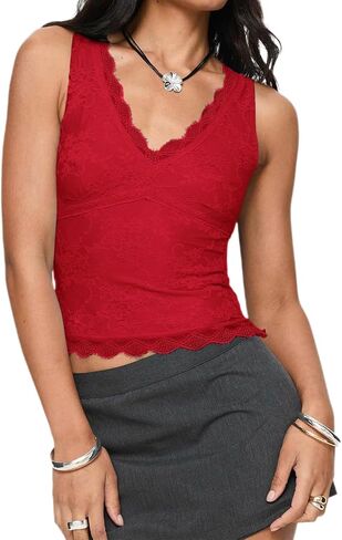 VNIRA Womens Lace Tank Top Scallop Sexy V-Neck Sleeveless Summer Going Out Y2K Crop Tops 2025 Trendy Outfits in Kuwait