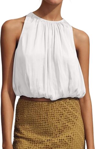 Ythomm Women’s Halter Crop Bubble Tops Summer Sleeveless Crewneck Puffy Hem Cropped Tank Tops Fitted Cute Going Out Shirt Top in Saudi Arabia