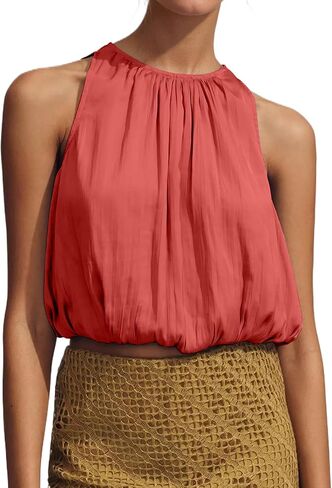 Ythomm Women’s Halter Crop Bubble Tops Summer Sleeveless Crewneck Puffy Hem Cropped Tank Tops Fitted Cute Going Out Shirt Top in Saudi Arabia