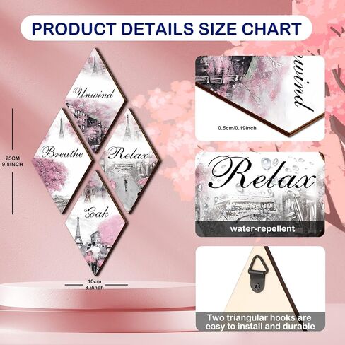 Gerrii Pink and Grey Bathroom Decor Pink Paris Decor Relax Soak Unwind Breathe Pink Gray Wall Art Pink Bathroom Accessories (Rectangle, 14.57 x 5.79 Inch) in Kuwait