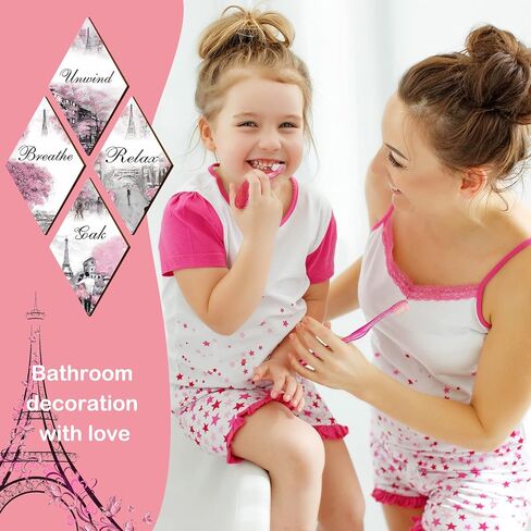 Gerrii Pink and Grey Bathroom Decor Pink Paris Decor Relax Soak Unwind Breathe Pink Gray Wall Art Pink Bathroom Accessories (Rectangle, 14.57 x 5.79 Inch) in Kuwait