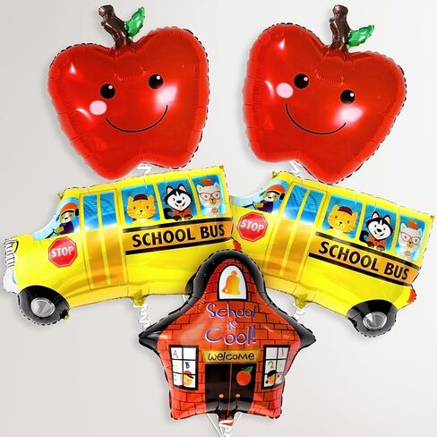 Katchon ، Big Back to School Balloons Set - Pack of 5 | العودة إلى ديكورات المدرسة للفصول الدراسية | البالون المدرسي وبالون الحافلة المدرسي والبالونات التفاح الأحمر المحدد لليوم الأول من الزخارف المدرسية in Saudi Arabia