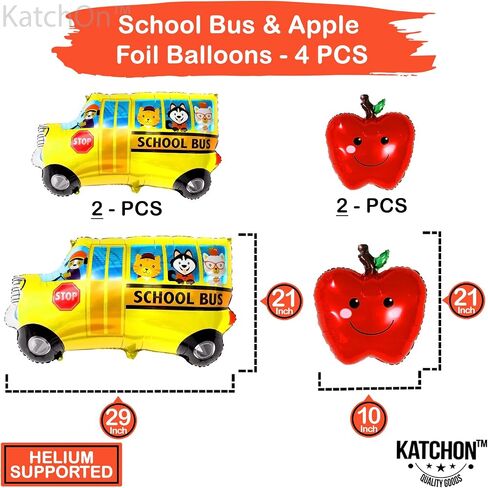 Katchon ، Big Back to School Balloons Set - Pack of 5 | العودة إلى ديكورات المدرسة للفصول الدراسية | البالون المدرسي وبالون الحافلة المدرسي والبالونات التفاح الأحمر المحدد لليوم الأول من الزخارف المدرسية in Saudi Arabia