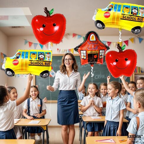 Katchon ، Big Back to School Balloons Set - Pack of 5 | العودة إلى ديكورات المدرسة للفصول الدراسية | البالون المدرسي وبالون الحافلة المدرسي والبالونات التفاح الأحمر المحدد لليوم الأول من الزخارف المدرسية in Saudi Arabia