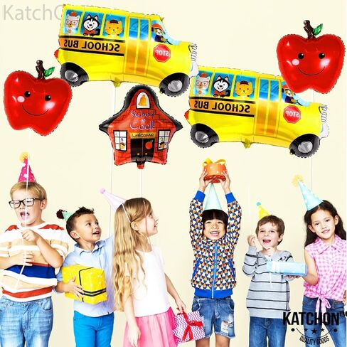 Katchon ، Big Back to School Balloons Set - Pack of 5 | العودة إلى ديكورات المدرسة للفصول الدراسية | البالون المدرسي وبالون الحافلة المدرسي والبالونات التفاح الأحمر المحدد لليوم الأول من الزخارف المدرسية in Saudi Arabia