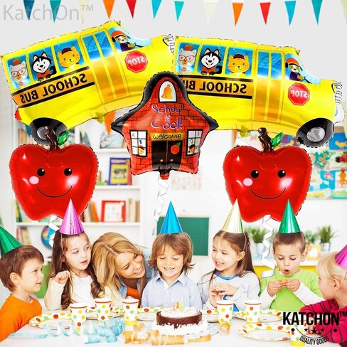 Katchon ، Big Back to School Balloons Set - Pack of 5 | العودة إلى ديكورات المدرسة للفصول الدراسية | البالون المدرسي وبالون الحافلة المدرسي والبالونات التفاح الأحمر المحدد لليوم الأول من الزخارف المدرسية in Saudi Arabia