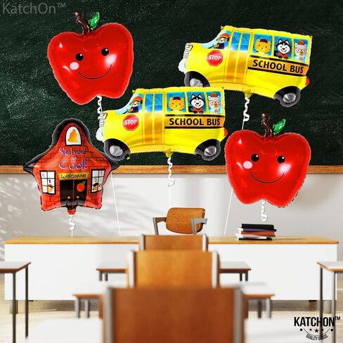 Katchon ، Big Back to School Balloons Set - Pack of 5 | العودة إلى ديكورات المدرسة للفصول الدراسية | البالون المدرسي وبالون الحافلة المدرسي والبالونات التفاح الأحمر المحدد لليوم الأول من الزخارف المدرسية in Saudi Arabia