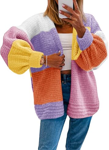 Saodimallsu Womens Color Block Oversized Cardigans Long Lantern Sleeve Open Front Chunky Knit Fall Sweater Coats in Saudi Arabia