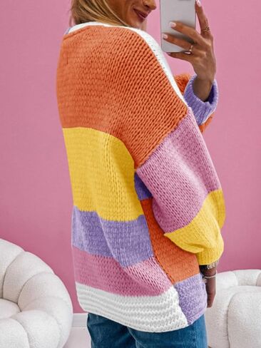 Saodimallsu Womens Color Block Oversized Cardigans Long Lantern Sleeve Open Front Chunky Knit Fall Sweater Coats in Saudi Arabia