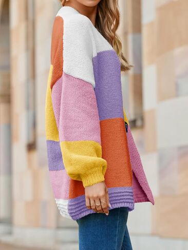 Saodimallsu Womens Color Block Oversized Cardigans Long Lantern Sleeve Open Front Chunky Knit Fall Sweater Coats in Saudi Arabia