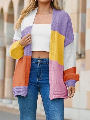 Saodimallsu Womens Color Block Oversized Cardigans Long Lantern Sleeve Open Front Chunky Knit Fall Sweater Coats in Saudi Arabia