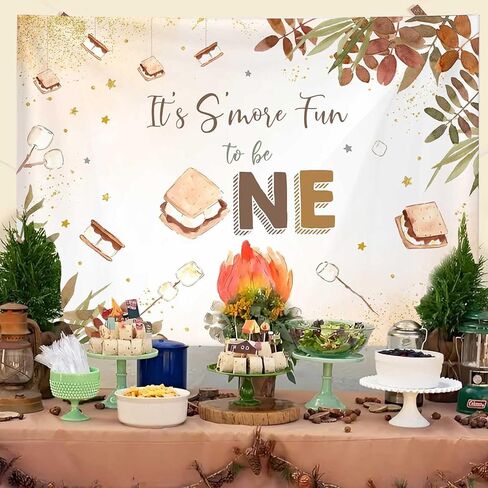 MEHOFOND التخييم تحت عنوان S'More One 1st Happy Camper حفلة عيد ميلاد خلفية Campfire Bonfire Smore Fun ديكورات الخريف الخريف 1st Bday Party Banner Photo Booth Props 7x5ft in Kuwait