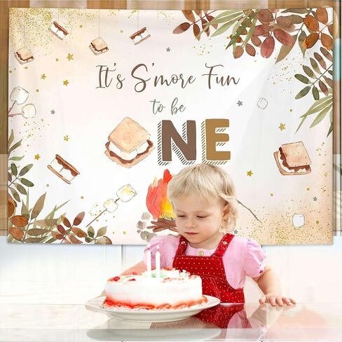 MEHOFOND التخييم تحت عنوان S'More One 1st Happy Camper حفلة عيد ميلاد خلفية Campfire Bonfire Smore Fun ديكورات الخريف الخريف 1st Bday Party Banner Photo Booth Props 7x5ft in Kuwait