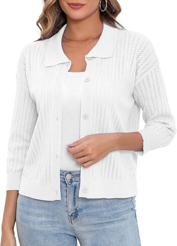 Women Summer Casual Cropped Cardigan 3/4 Sleeve 2025 Lightweight Button Down Lapel Collar Hollow Out Cardigan in Saudi Arabia