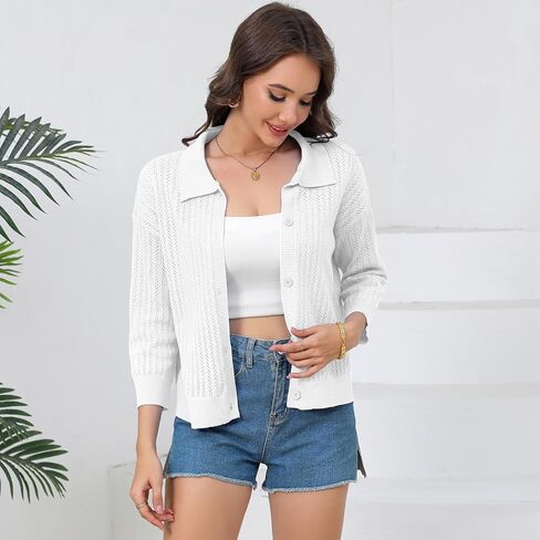 Women Summer Casual Cropped Cardigan 3/4 Sleeve 2025 Lightweight Button Down Lapel Collar Hollow Out Cardigan in Saudi Arabia