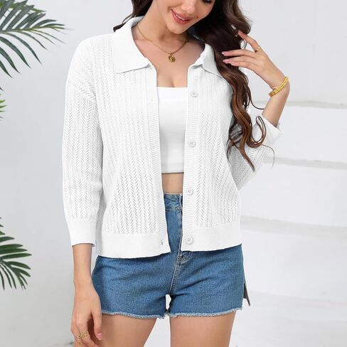Women Summer Casual Cropped Cardigan 3/4 Sleeve 2025 Lightweight Button Down Lapel Collar Hollow Out Cardigan in Saudi Arabia