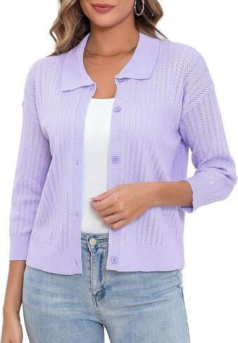 Women Summer Casual Cropped Cardigan 3/4 Sleeve 2025 Lightweight Button Down Lapel Collar Hollow Out Cardigan in Saudi Arabia