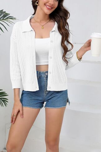 Women Summer Casual Cropped Cardigan 3/4 Sleeve 2025 Lightweight Button Down Lapel Collar Hollow Out Cardigan in Saudi Arabia