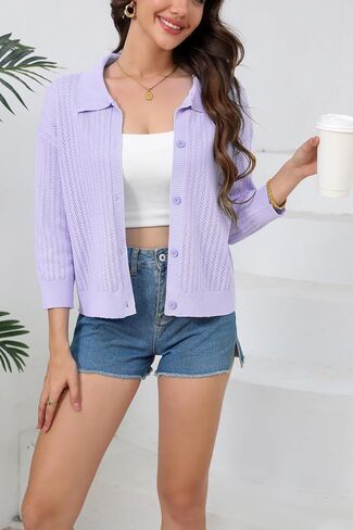 Women Summer Casual Cropped Cardigan 3/4 Sleeve 2025 Lightweight Button Down Lapel Collar Hollow Out Cardigan in Saudi Arabia