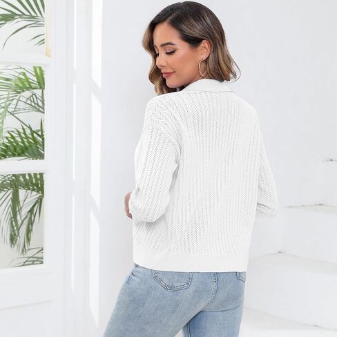 Women Summer Casual Cropped Cardigan 3/4 Sleeve 2025 Lightweight Button Down Lapel Collar Hollow Out Cardigan in Saudi Arabia