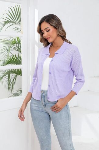 Women Summer Casual Cropped Cardigan 3/4 Sleeve 2025 Lightweight Button Down Lapel Collar Hollow Out Cardigan in Saudi Arabia