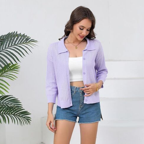 Women Summer Casual Cropped Cardigan 3/4 Sleeve 2025 Lightweight Button Down Lapel Collar Hollow Out Cardigan in Saudi Arabia