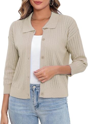 Women Summer Casual Cropped Cardigan 3/4 Sleeve 2025 Lightweight Button Down Lapel Collar Hollow Out Cardigan in Saudi Arabia
