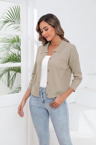 Women Summer Casual Cropped Cardigan 3/4 Sleeve 2025 Lightweight Button Down Lapel Collar Hollow Out Cardigan in Saudi Arabia