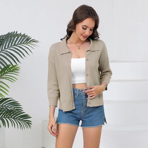 Women Summer Casual Cropped Cardigan 3/4 Sleeve 2025 Lightweight Button Down Lapel Collar Hollow Out Cardigan in Saudi Arabia