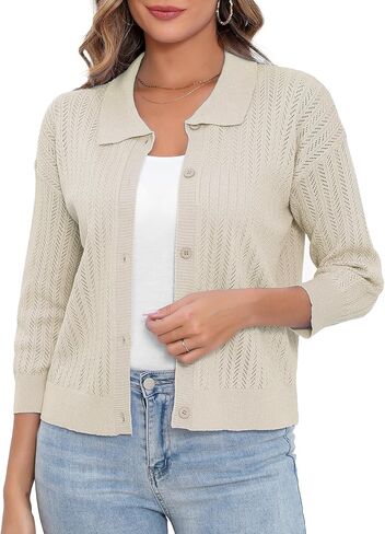 النساء الصيف غير الرسمي Cardigan 3/4 كم 2025 زر خفيف الوزن أسفل طوق البالير جوفاء خارج كارديجان in Saudi Arabia